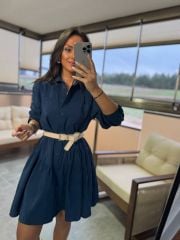 Mk 178 Tensel Petrol Mavi Kemerli Gömlek Elbise