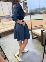 Mk 178 Tensel Petrol Mavi Kemerli Gömlek Elbise