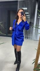 Tasarım Gömlek Detaylı Saks Saten Elbise