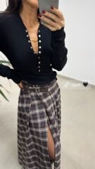 Mz 22791 Kahve-Laci Kemer Detaylı Ekose Etek