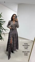 Mz 22791 Kahve-Laci Kemer Detaylı Ekose Etek