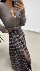 Mz 22791 Kahve-Laci Kemer Detaylı Ekose Etek