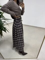 Mz 22791 Kahve-Laci Kemer Detaylı Ekose Etek