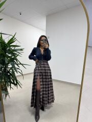 Mz 22791 Kahve-Laci Kemer Detaylı Ekose Etek