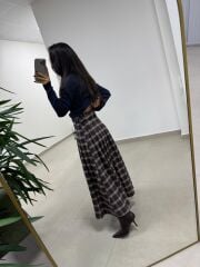 Mz 22791 Kahve-Laci Kemer Detaylı Ekose Etek