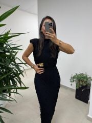 Ny 3022 Broş Detaylı Siyah Dantel Elbise