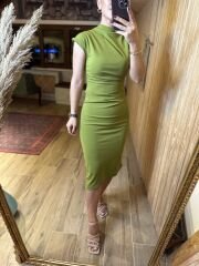 Crep drapeli yeşil kalem elbise