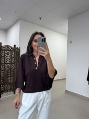 Po 2855 A.Kahve Geniş Kollu Polo Yaka Triko