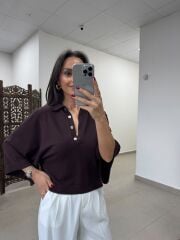 Po 2855 A.Kahve Geniş Kollu Polo Yaka Triko