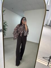 Fp 5024 Fular Detaylı Volanlı Kahve Şifon Bluz