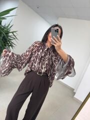 Fp 5024 Fular Detaylı Volanlı Kahve Şifon Bluz