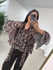 Fp 5024 Fular Detaylı Volanlı Kahve Şifon Bluz