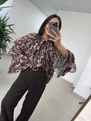 Fp 5024 Fular Detaylı Volanlı Kahve Şifon Bluz