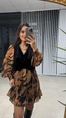 Kadife Yelekli Kahve Zebra Elbise
