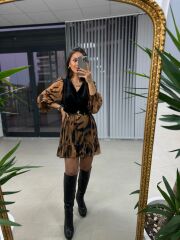 Kadife Yelekli Kahve Zebra Elbise