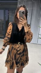 Kadife Yelekli Kahve Zebra Elbise