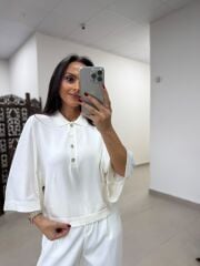 Po 2855 Beyaz Geniş Kollu Polo Yaka Triko