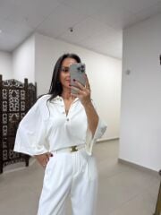 Po 2855 Beyaz Geniş Kollu Polo Yaka Triko