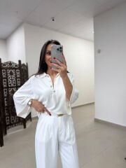 Po 2855 Beyaz Geniş Kollu Polo Yaka Triko
