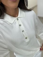 Po 2855 Beyaz Geniş Kollu Polo Yaka Triko