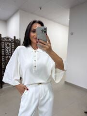 Po 2855 Beyaz Geniş Kollu Polo Yaka Triko