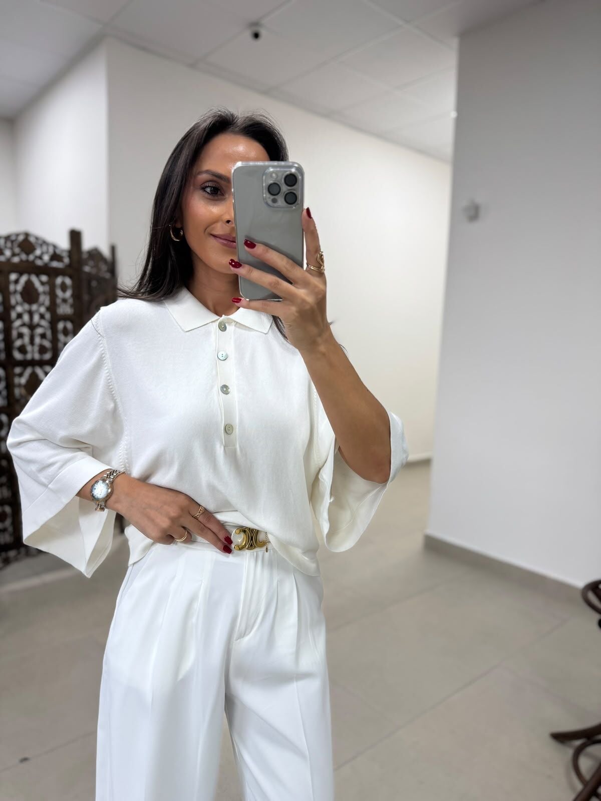 Po 2855 Beyaz Geniş Kollu Polo Yaka Triko