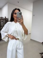 Po 2855 Beyaz Geniş Kollu Polo Yaka Triko