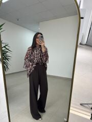 Fp 51078 Gold Düğmeli Bel Lastikli Kahve Palazzo Pantolon