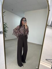 Fp 51078 Gold Düğmeli Bel Lastikli Kahve Palazzo Pantolon