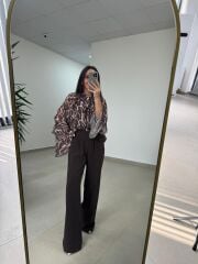 Fp 51078 Gold Düğmeli Bel Lastikli Kahve Palazzo Pantolon