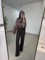 Fp 51078 Gold Düğmeli Bel Lastikli Kahve Palazzo Pantolon