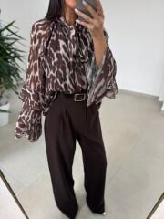 Fp 51078 Gold Düğmeli Bel Lastikli Kahve Palazzo Pantolon