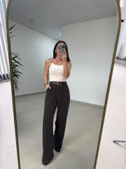 Fp 51078 Gold Düğmeli Bel Lastikli Kahve Palazzo Pantolon