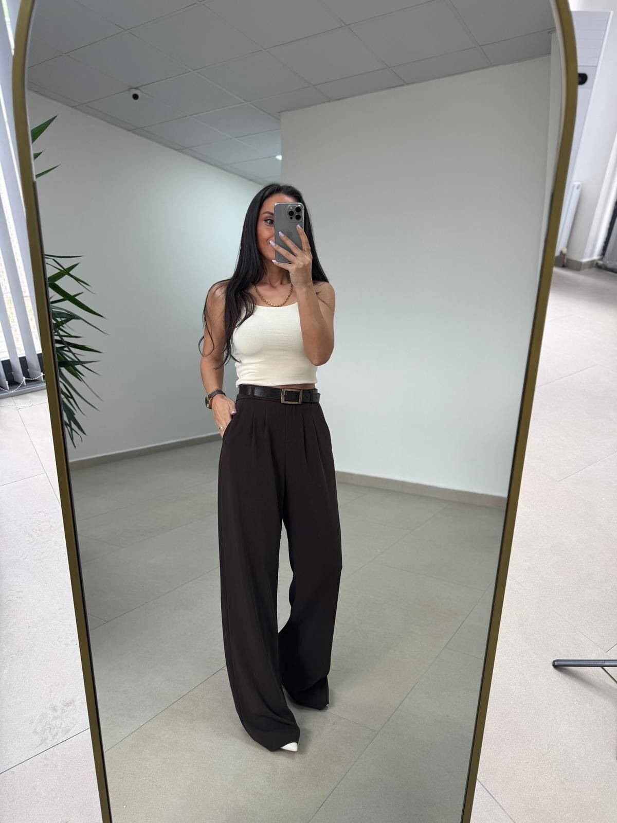 Fp 51078 Gold Düğmeli Bel Lastikli Kahve Palazzo Pantolon