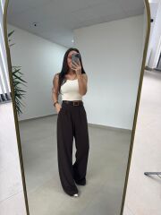 Fp 51078 Gold Düğmeli Bel Lastikli Kahve Palazzo Pantolon