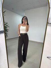 Fp 51078 Gold Düğmeli Bel Lastikli Kahve Palazzo Pantolon