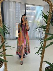 My 3456 Pembe-Laci Etnik Desen Elbise