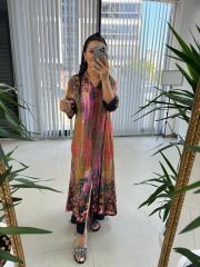 My 3456 Pembe-Laci Etnik Desen Elbise