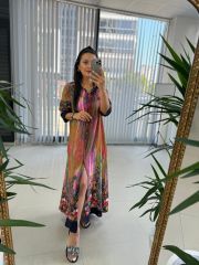 My 3456 Pembe-Laci Etnik Desen Elbise