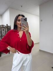 Po 2855 Kırmızı Geniş Kollu Polo Yaka Triko
