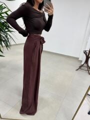 Mzr 22604 Kuşak Detaylı Tensel Kahve Pantolon