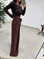 Mzr 22604 Kuşak Detaylı Tensel Kahve Pantolon