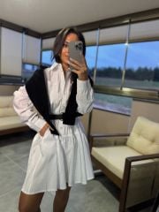 Mk 178 Tensel Beyaz Kemerli Gömlek Elbise