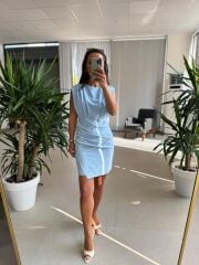 My 3794 Omuz Pile Detaylı Bebe Mavi Taşlı Elbise