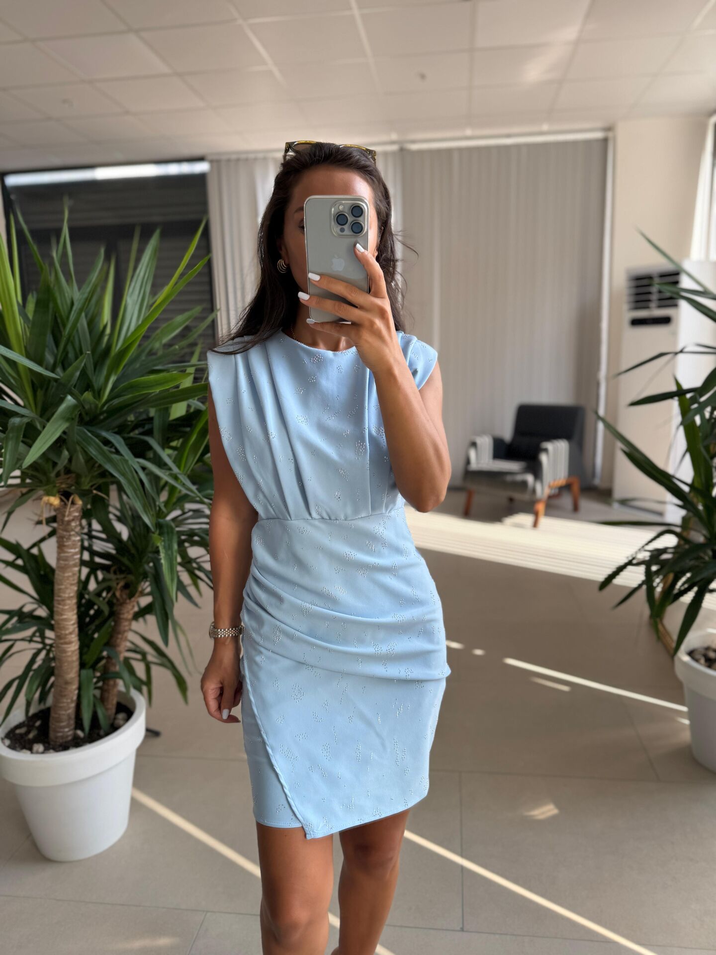 My 3794 Omuz Pile Detaylı Bebe Mavi Taşlı Elbise