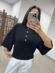 Po 2855 Siyah Geniş Kollu Polo Yaka Triko