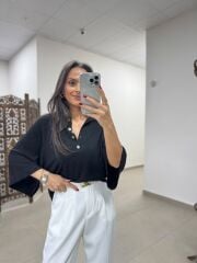 Po 2855 Siyah Geniş Kollu Polo Yaka Triko