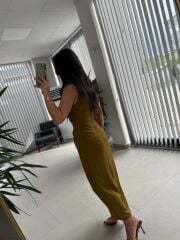 My 3718 Yağ Yeşili Broş Detaylı Krep Elbise
