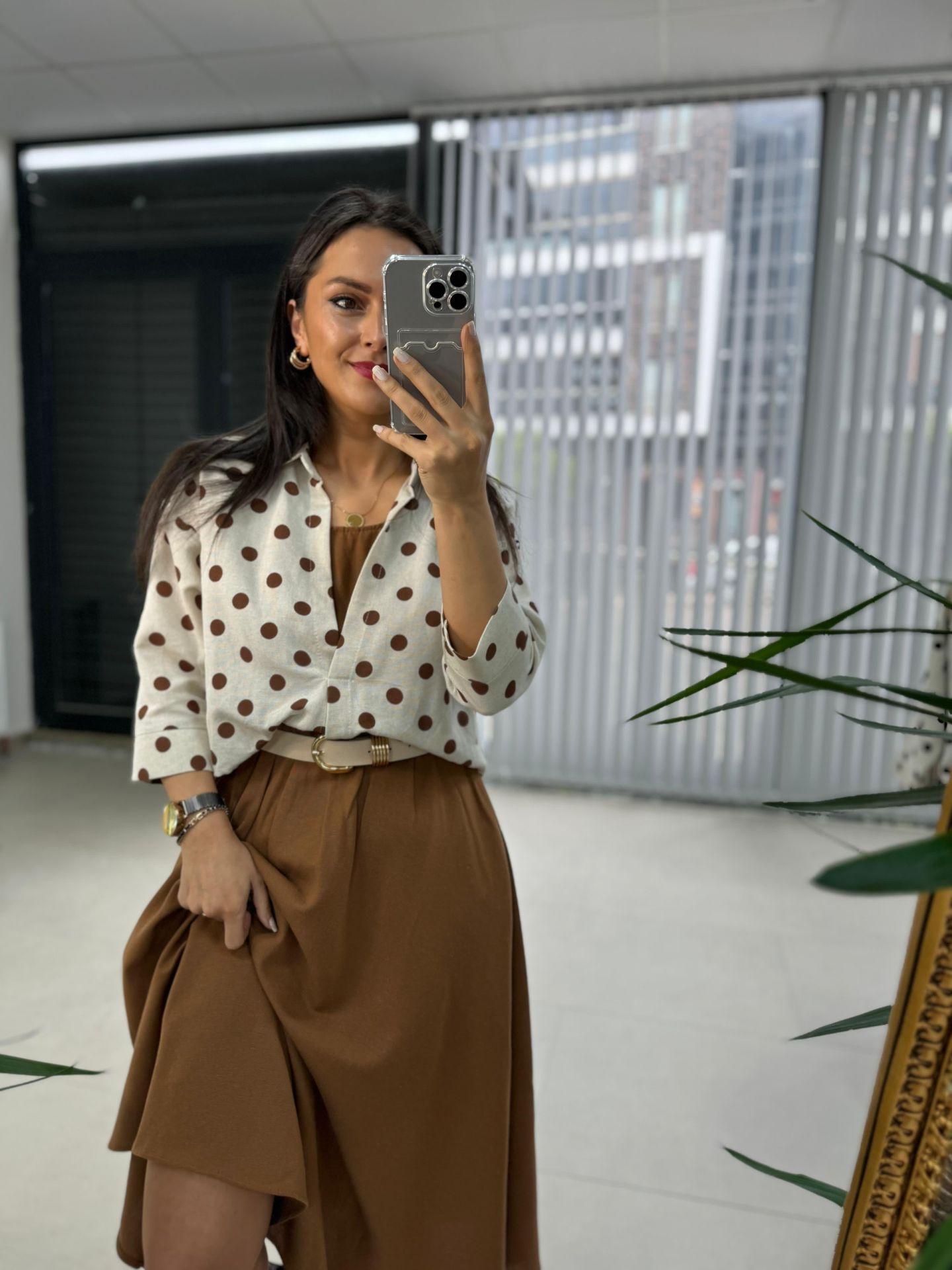 Ms Brown Polka Dot Shirt Detailed Dress