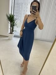 Ms İndigo Askılı Ahşap Detaylı Elbise